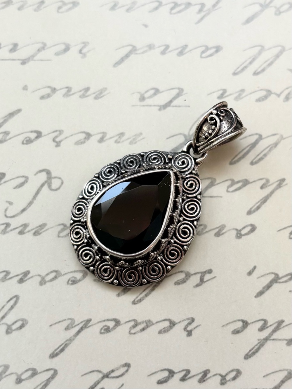 Bali Sterling Silver Dark Garnet Swirl Teardrop Pendant Necklace